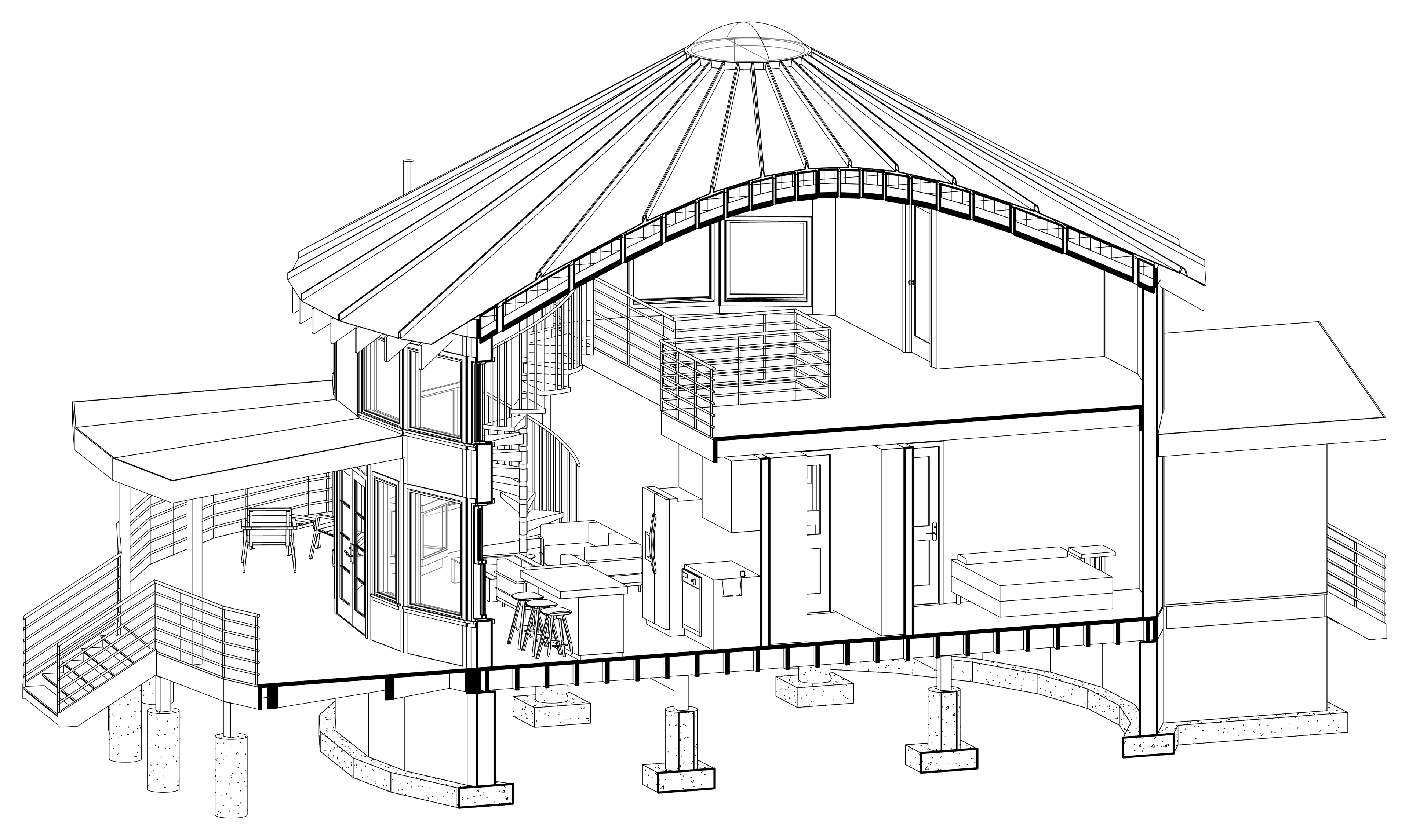 Isometric section cutaway of a round home, showing the spiral stair, open living and kitchen area, and the radial roof structure above.