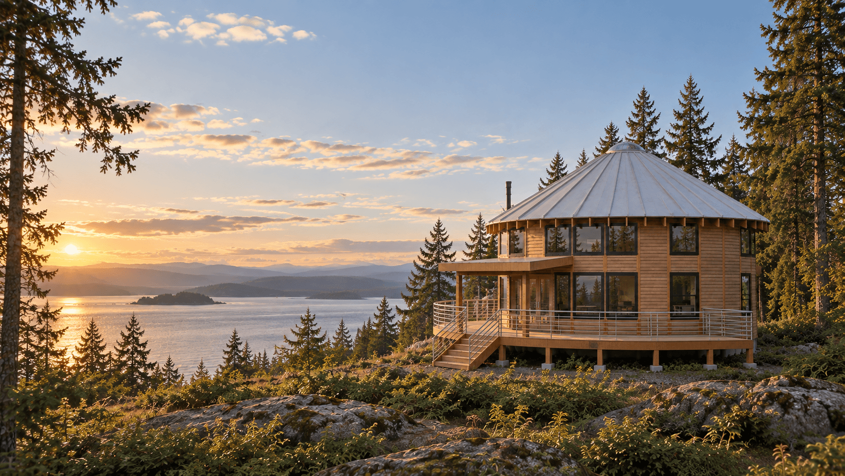 A round timber home with a metal conical roof and wraparound deck, set on a forested ridge above a lake at sunset, the sun low on the horizon over layered islands and mountains.