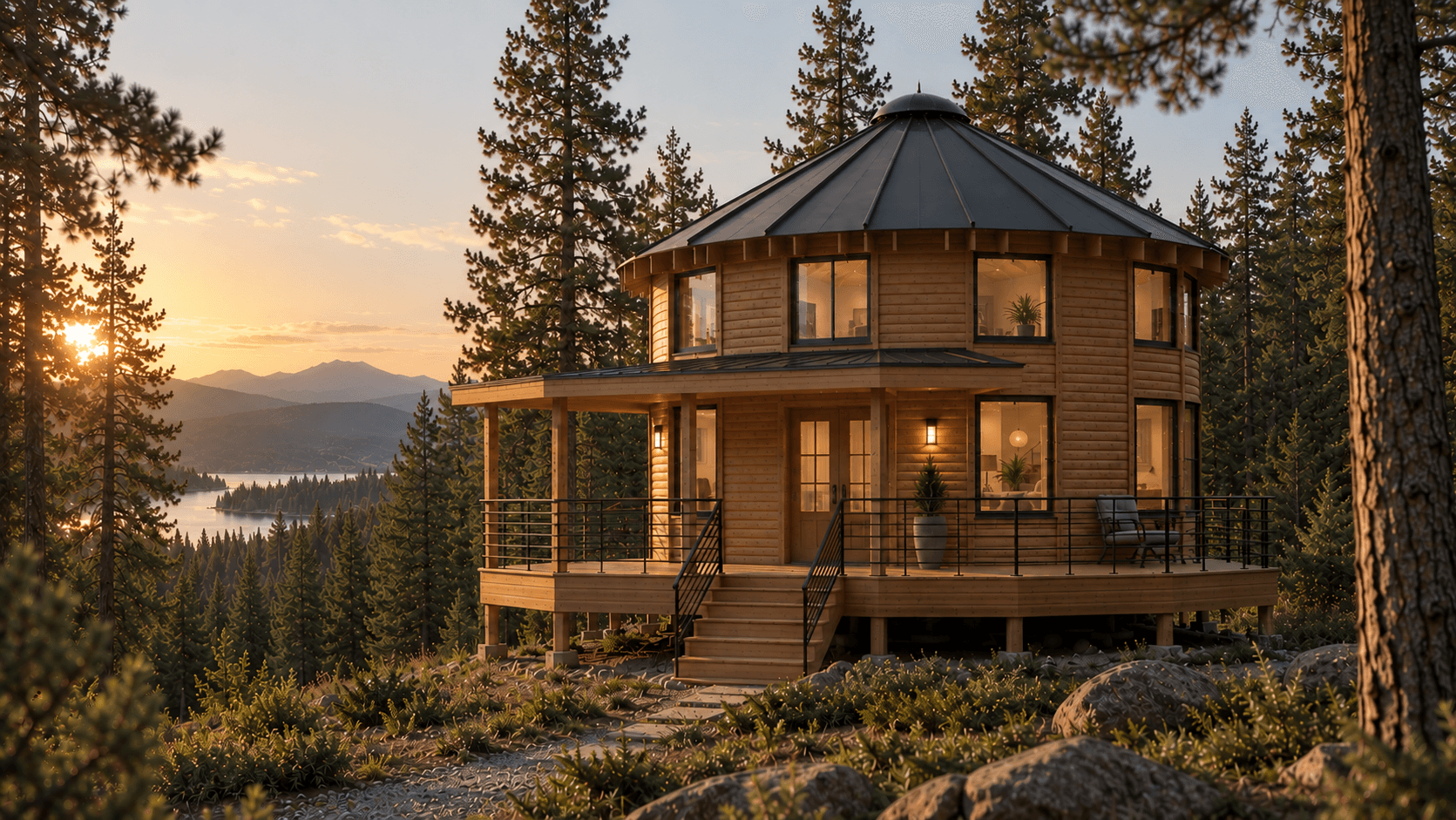 A two-story round timber home in a pine forest at sunset, its windows lit warmly from within, overlooking a lake and distant mountains.