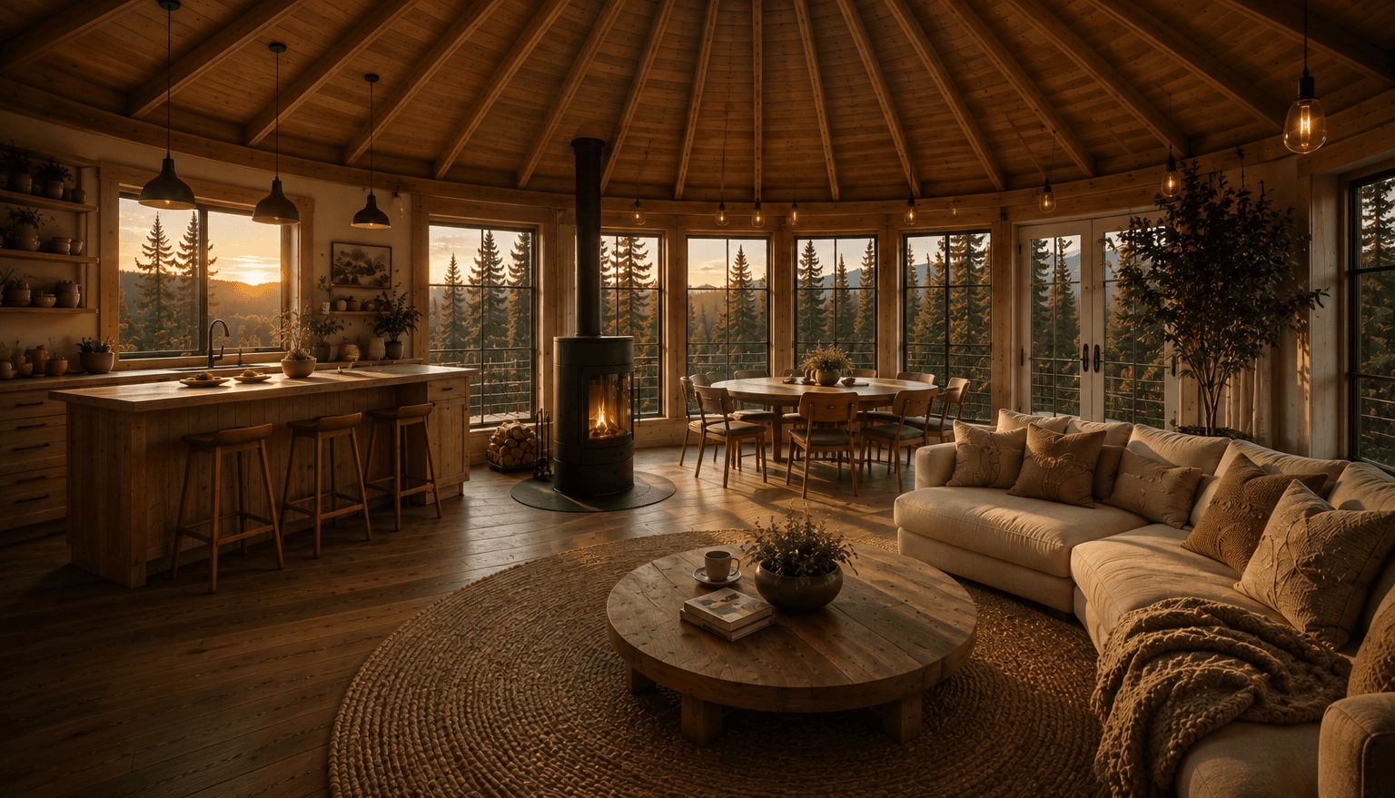 A warmly lit round living and kitchen area at sunset, with a wood stove, a round dining table, a kitchen island, and a sectional couch arranged around a central coffee table beneath a radial timber ceiling.